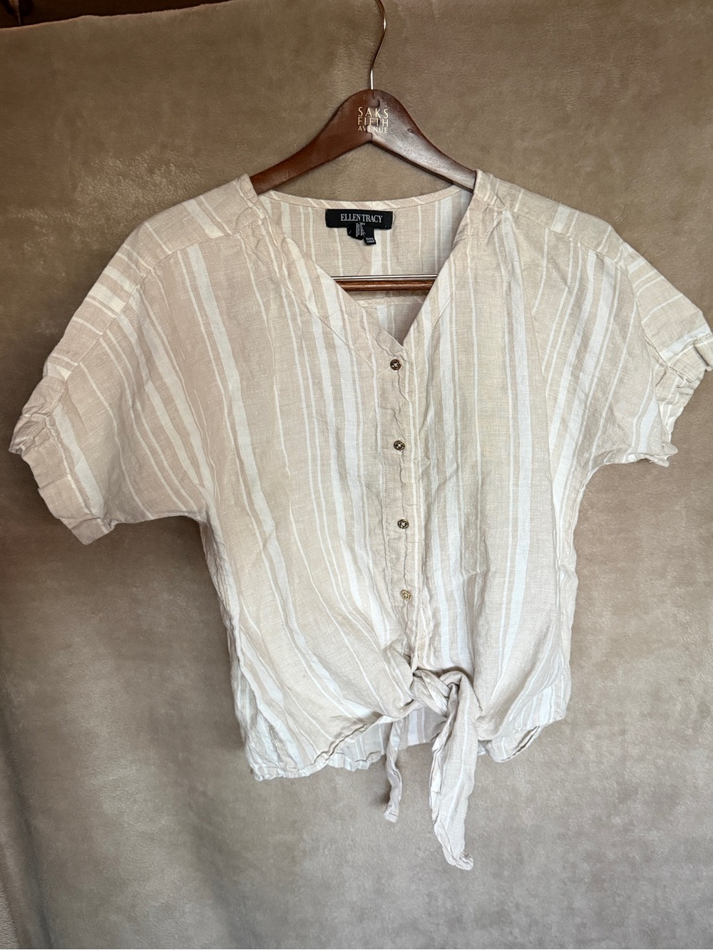 Ellen Tracy linen Beige and White Striped Tie-Front Button Blouse